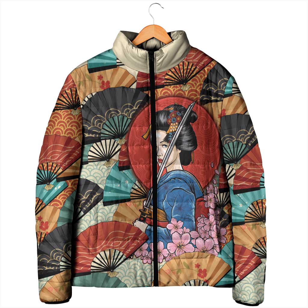 Japanese Geisha Katana Padded Jacket Japan Sensu Seigaiha Pattern - Wonder Print Shop