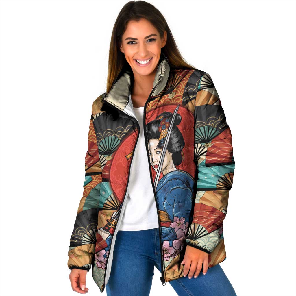 Japanese Geisha Katana Padded Jacket Japan Sensu Seigaiha Pattern - Wonder Print Shop