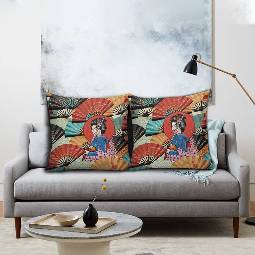 Japanese Geisha Katana Pillow Cover Japan Sensu Seigaiha Pattern - Wonder Print Shop