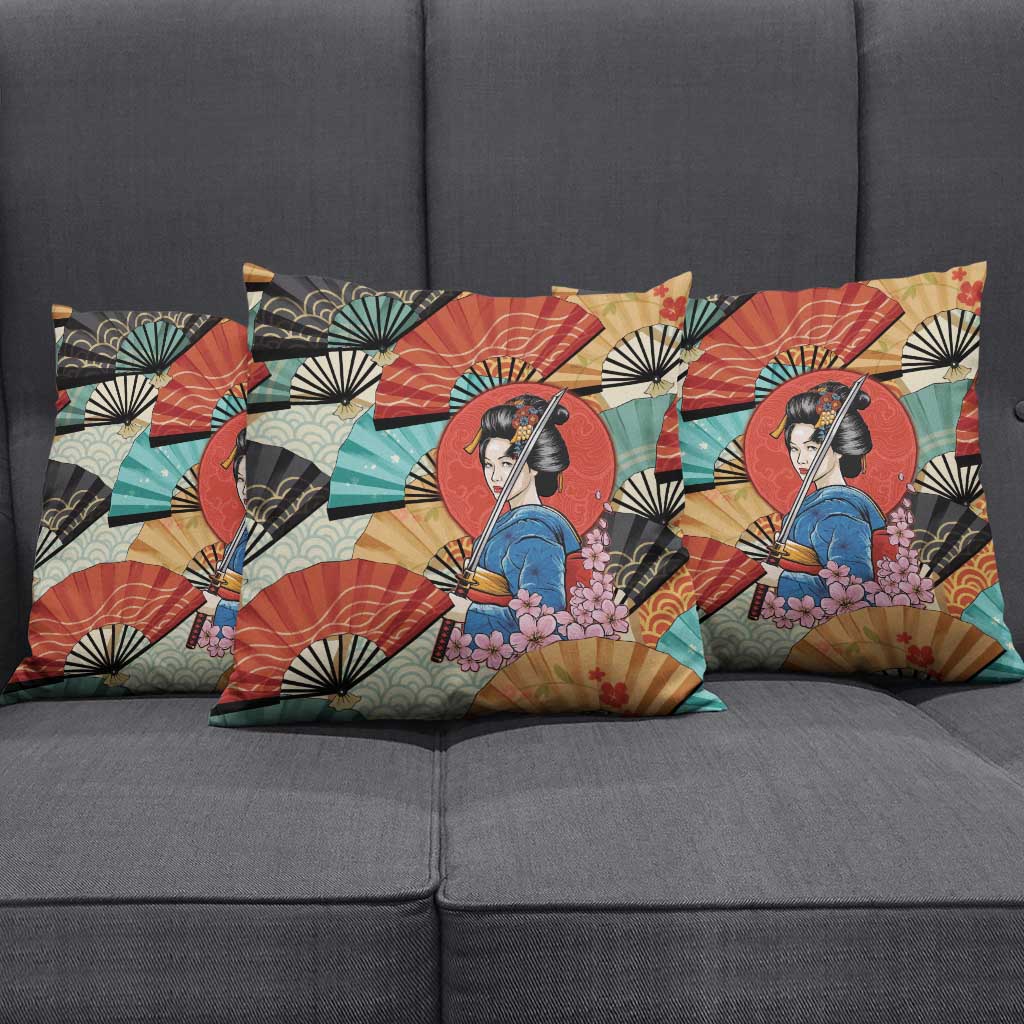 Japanese Geisha Katana Pillow Cover Japan Sensu Seigaiha Pattern - Wonder Print Shop