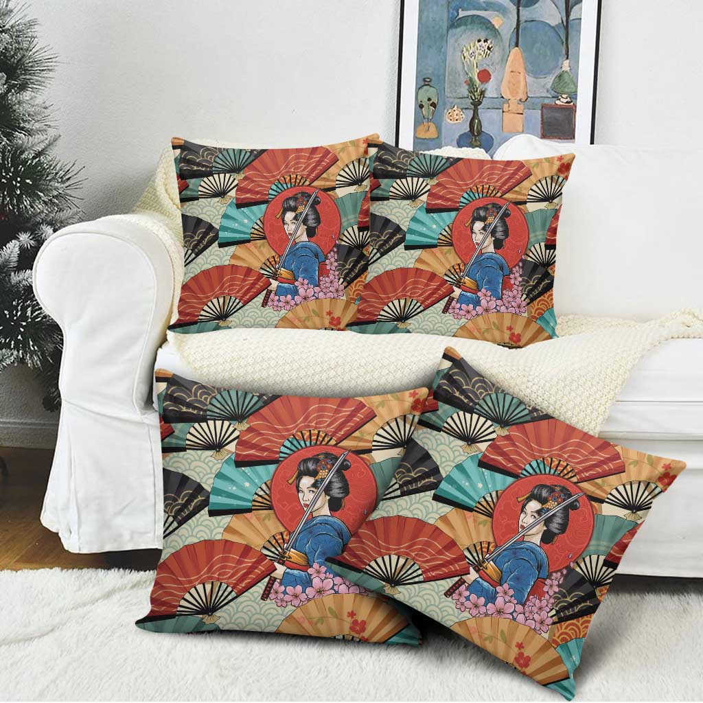 Japanese Geisha Katana Pillow Cover Japan Sensu Seigaiha Pattern - Wonder Print Shop