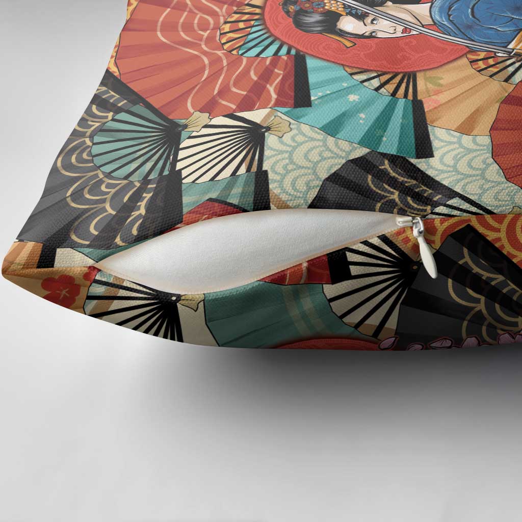 Japanese Geisha Katana Pillow Cover Japan Sensu Seigaiha Pattern - Wonder Print Shop