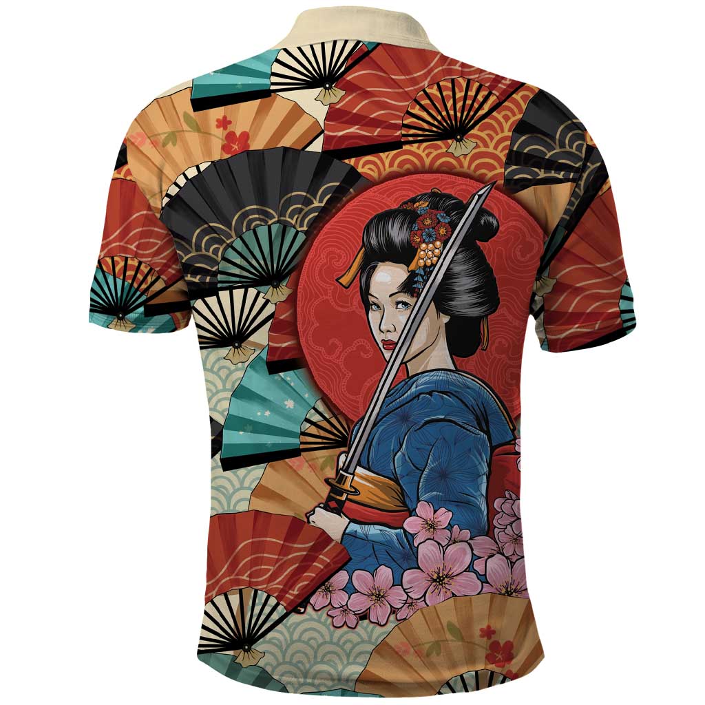 Japanese Geisha Katana Polo Shirt Japan Sensu Seigaiha Pattern - Wonder Print Shop