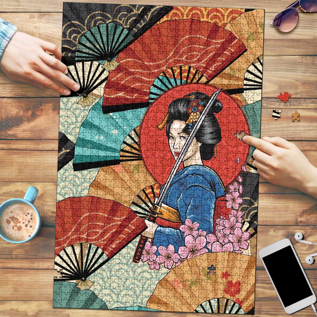 Japanese Geisha Katana Puzzle Japan Sensu Seigaiha Pattern - Wonder Print Shop