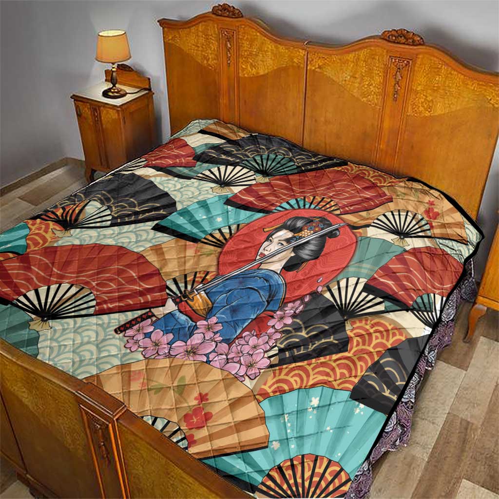 Japanese Geisha Katana Quilt Japan Sensu Seigaiha Pattern - Wonder Print Shop