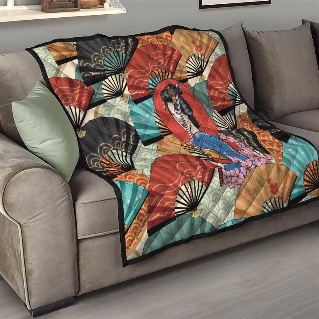 Japanese Geisha Katana Quilt Japan Sensu Seigaiha Pattern - Wonder Print Shop
