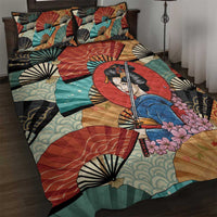 Japanese Geisha Katana Quilt Bed Set Japan Sensu Seigaiha Pattern - Wonder Print Shop
