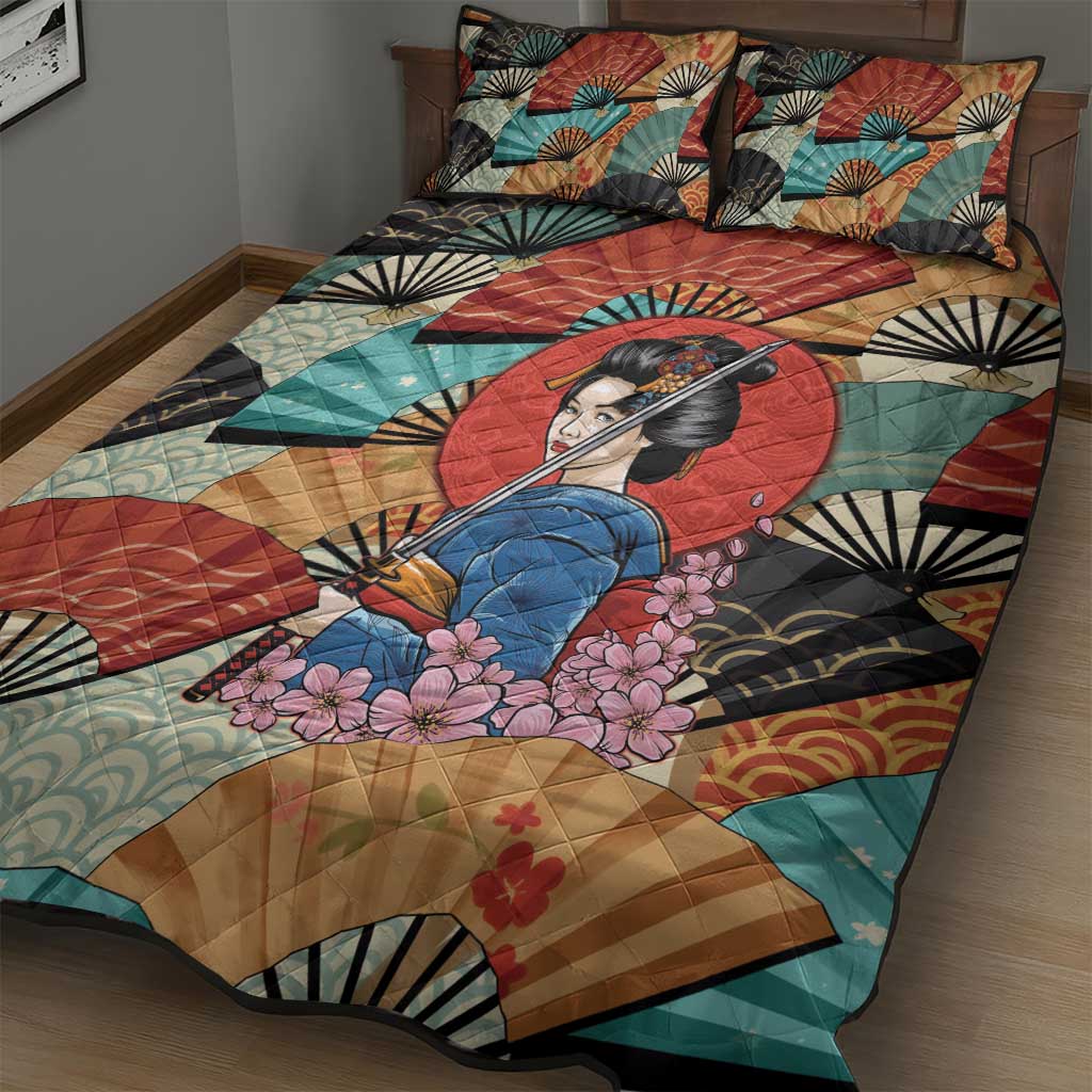 Japanese Geisha Katana Quilt Bed Set Japan Sensu Seigaiha Pattern - Wonder Print Shop