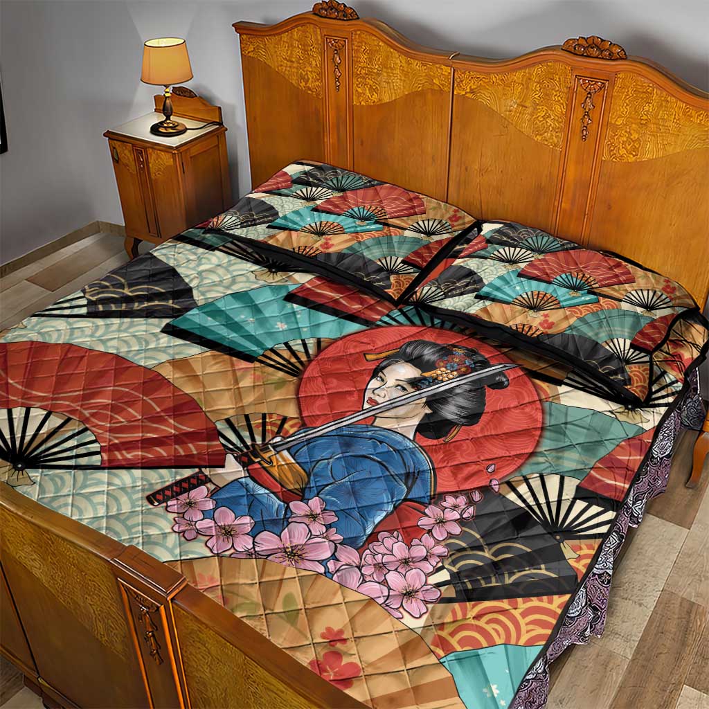 Japanese Geisha Katana Quilt Bed Set Japan Sensu Seigaiha Pattern - Wonder Print Shop