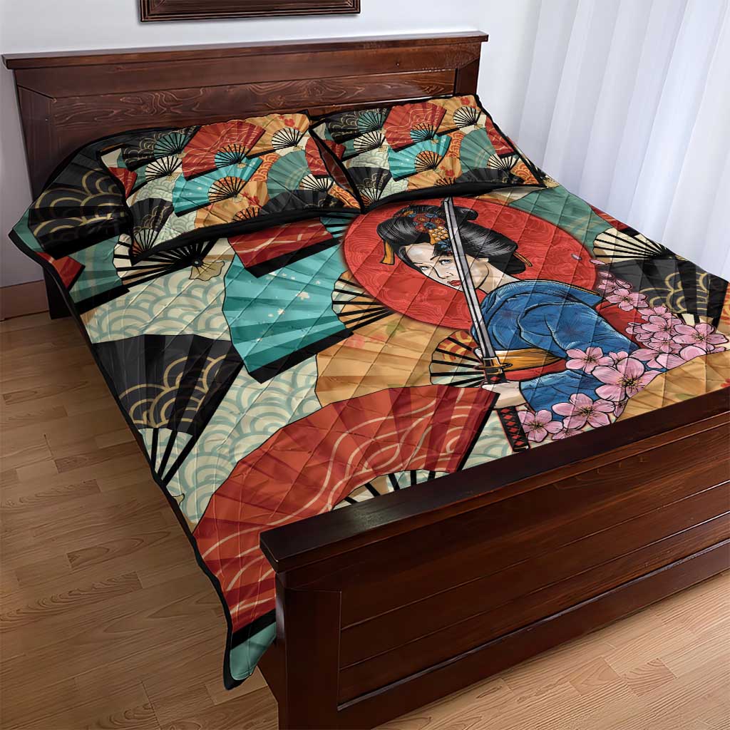 Japanese Geisha Katana Quilt Bed Set Japan Sensu Seigaiha Pattern - Wonder Print Shop
