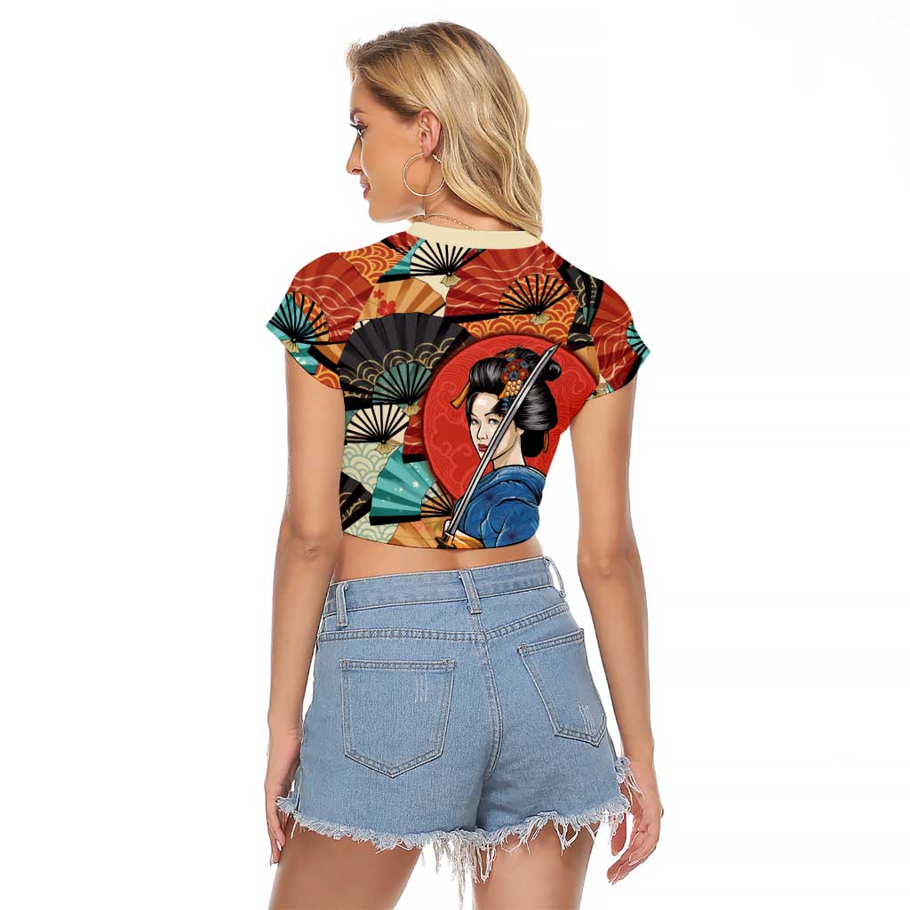 Japanese Geisha Katana Raglan Cropped T Shirt Japan Sensu Seigaiha Pattern - Wonder Print Shop