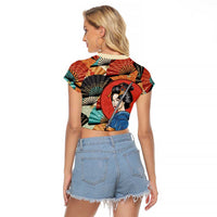 Japanese Geisha Katana Raglan Cropped T Shirt Japan Sensu Seigaiha Pattern - Wonder Print Shop