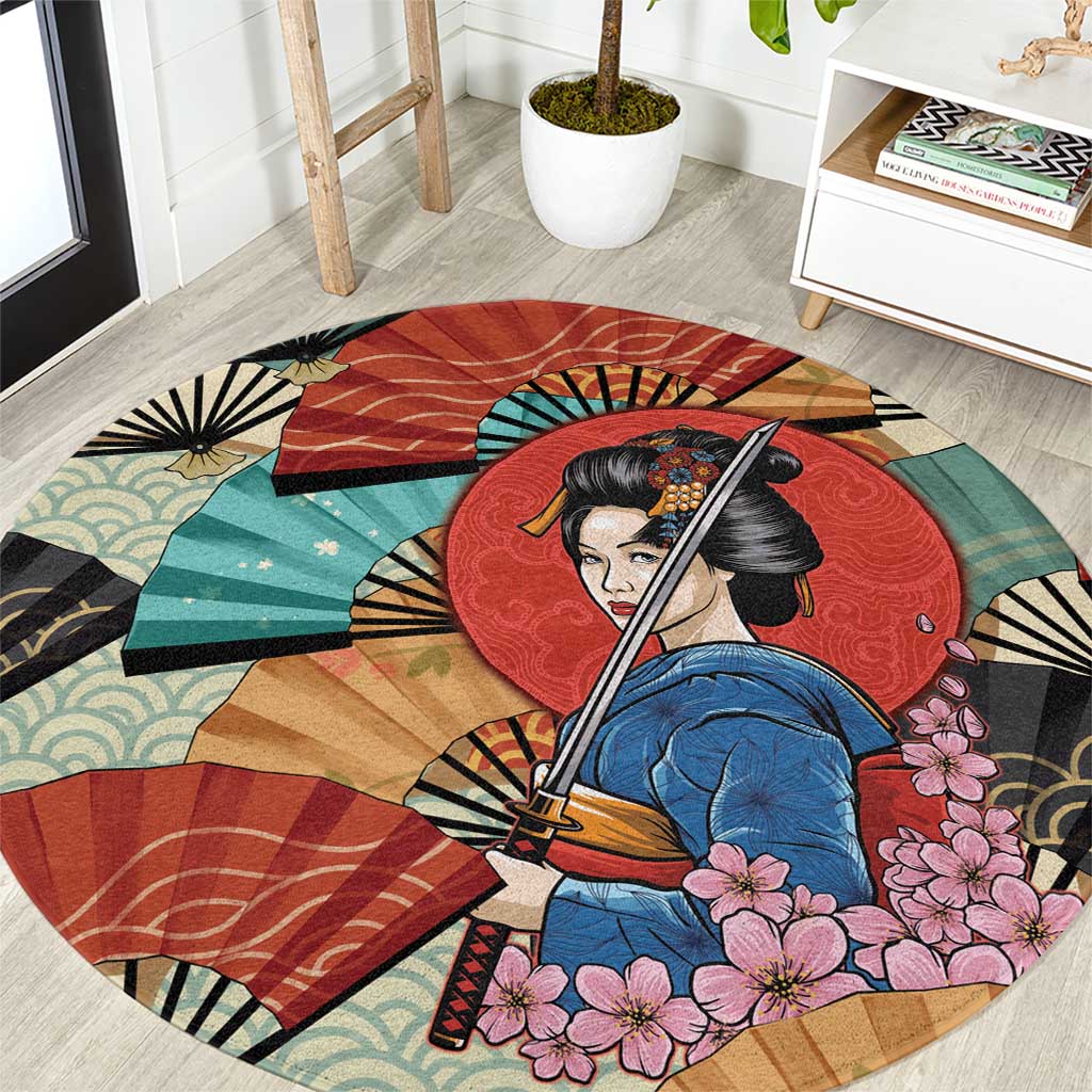 Japanese Geisha Katana Round Carpet Japan Sensu Seigaiha Pattern - Wonder Print Shop