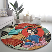 Japanese Geisha Katana Round Carpet Japan Sensu Seigaiha Pattern - Wonder Print Shop