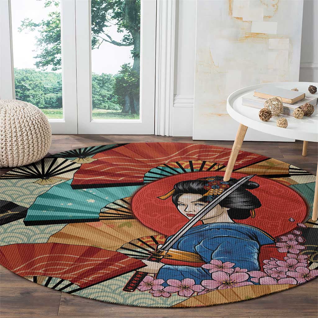 Japanese Geisha Katana Round Carpet Japan Sensu Seigaiha Pattern - Wonder Print Shop