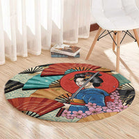 Japanese Geisha Katana Round Carpet Japan Sensu Seigaiha Pattern - Wonder Print Shop