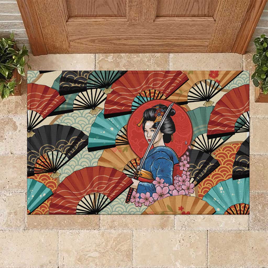 Japanese Geisha Katana Rubber Doormat Japan Sensu Seigaiha Pattern - Wonder Print Shop