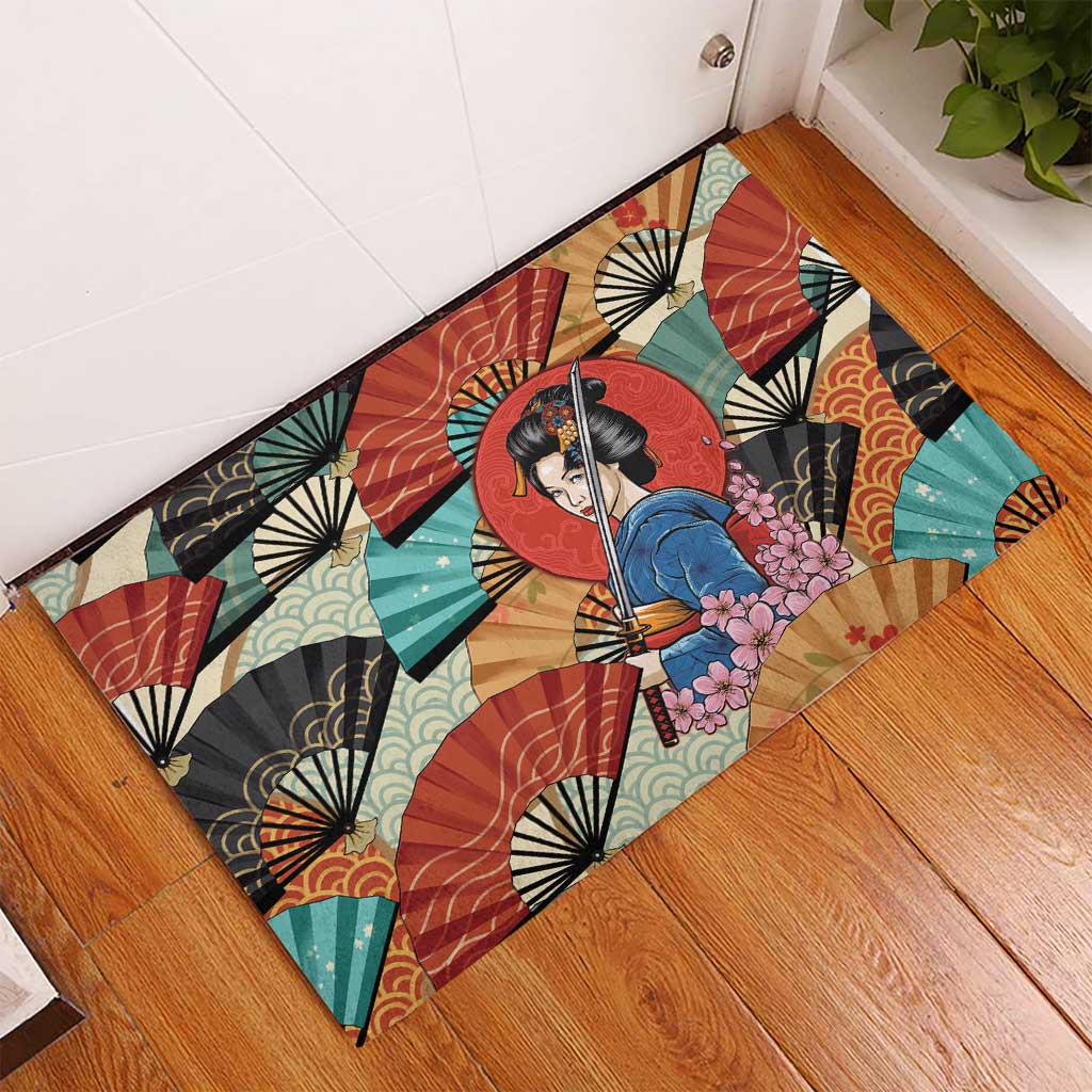 Japanese Geisha Katana Rubber Doormat Japan Sensu Seigaiha Pattern - Wonder Print Shop