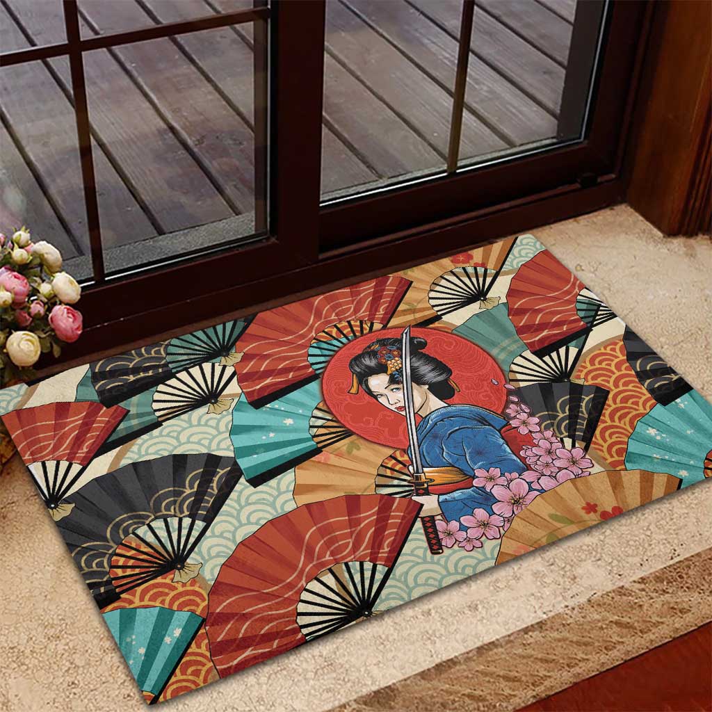 Japanese Geisha Katana Rubber Doormat Japan Sensu Seigaiha Pattern - Wonder Print Shop