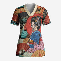 Japanese Geisha Katana Scrub Top Japan Sensu Seigaiha Pattern - Wonder Print Shop