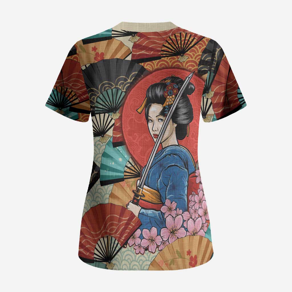 Japanese Geisha Katana Scrub Top Japan Sensu Seigaiha Pattern - Wonder Print Shop