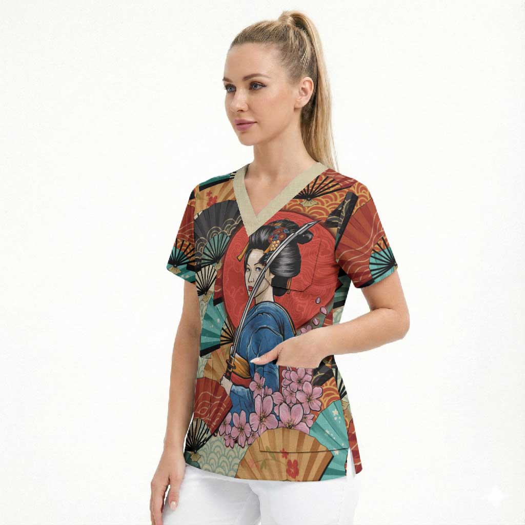 Japanese Geisha Katana Scrub Top Japan Sensu Seigaiha Pattern - Wonder Print Shop