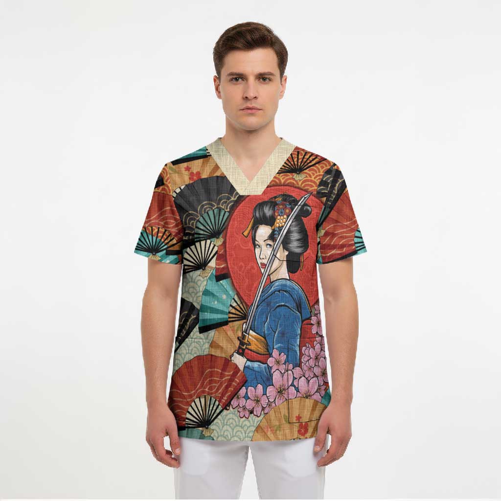 Japanese Geisha Katana Scrub Top Japan Sensu Seigaiha Pattern - Wonder Print Shop