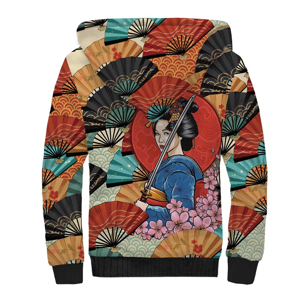 Japanese Geisha Katana Sherpa Hoodie Japan Sensu Seigaiha Pattern - Wonder Print Shop