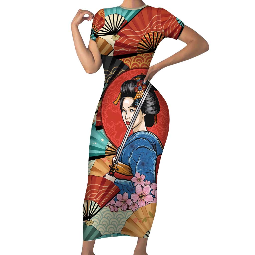 Japanese Geisha Katana Short Sleeve Bodycon Dress Japan Sensu Seigaiha Pattern - Wonder Print Shop
