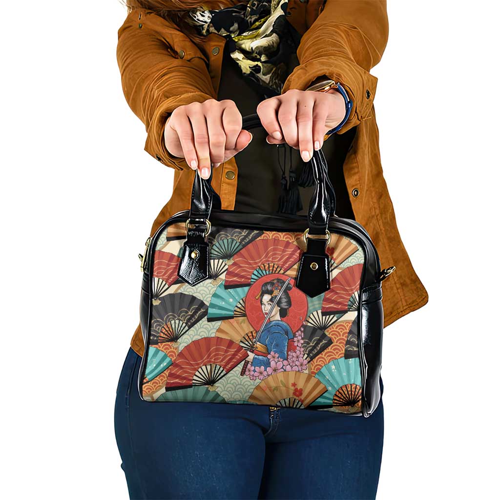 Japanese Geisha Katana Shoulder Handbag Japan Sensu Seigaiha Pattern - Wonder Print Shop