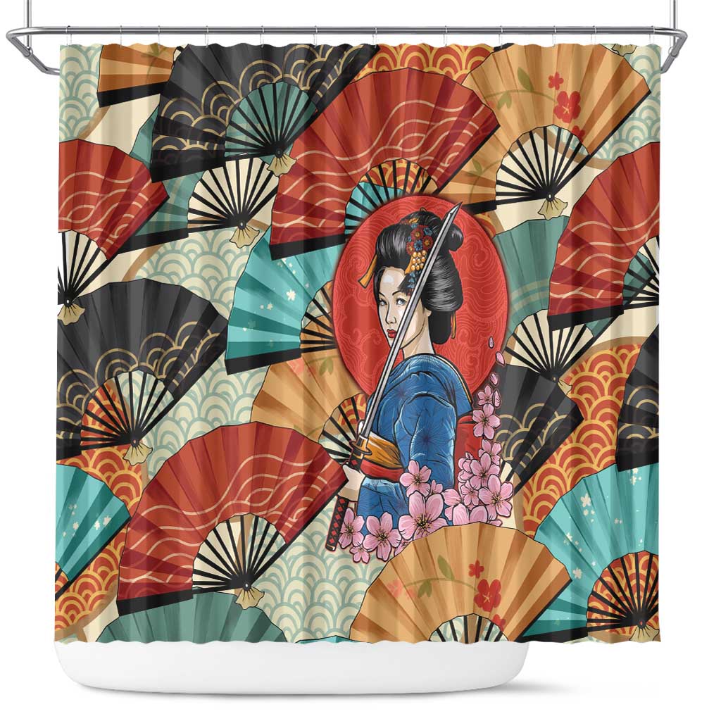 Japanese Geisha Katana Shower Curtain Japan Sensu Seigaiha Pattern - Wonder Print Shop