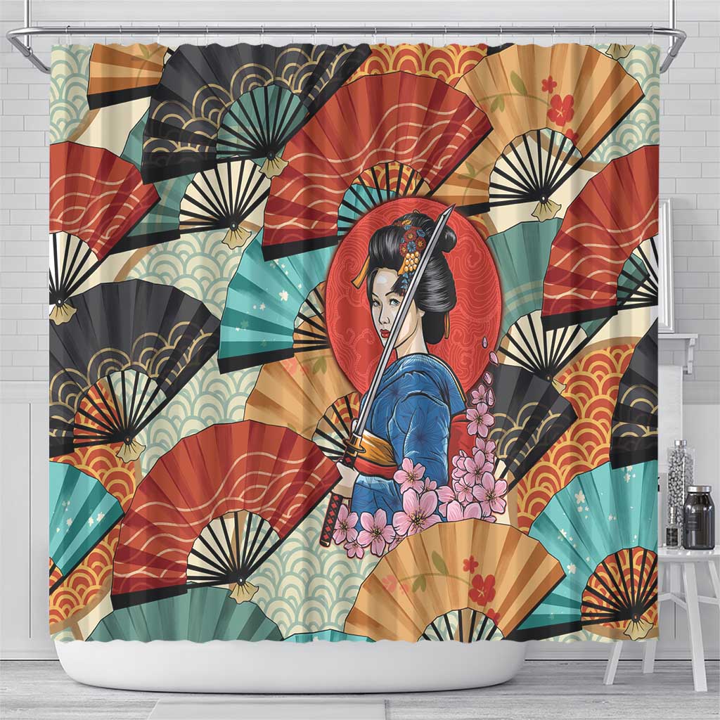 Japanese Geisha Katana Shower Curtain Japan Sensu Seigaiha Pattern - Wonder Print Shop