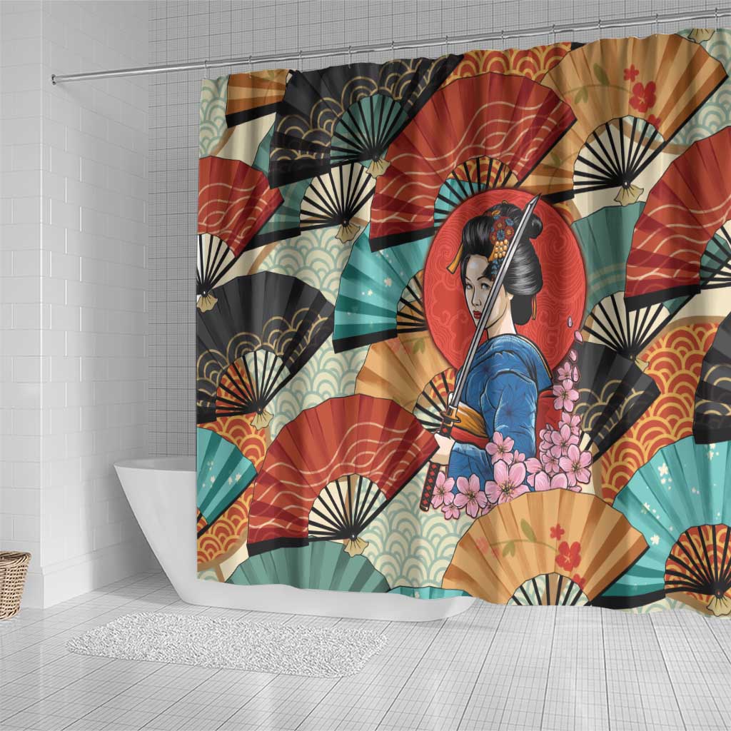 Japanese Geisha Katana Shower Curtain Japan Sensu Seigaiha Pattern - Wonder Print Shop