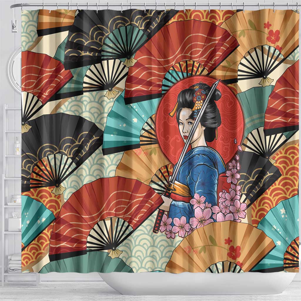 Japanese Geisha Katana Shower Curtain Japan Sensu Seigaiha Pattern - Wonder Print Shop
