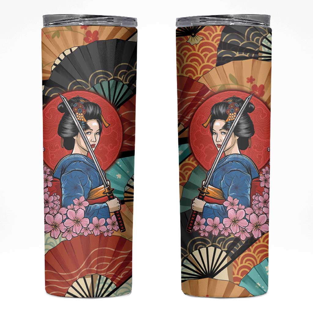 Japanese Geisha Katana Skinny Tumbler Japan Sensu Seigaiha Pattern - Wonder Print Shop