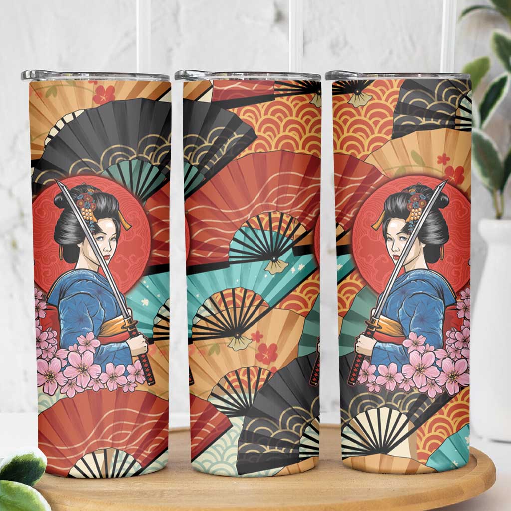 Japanese Geisha Katana Skinny Tumbler Japan Sensu Seigaiha Pattern - Wonder Print Shop