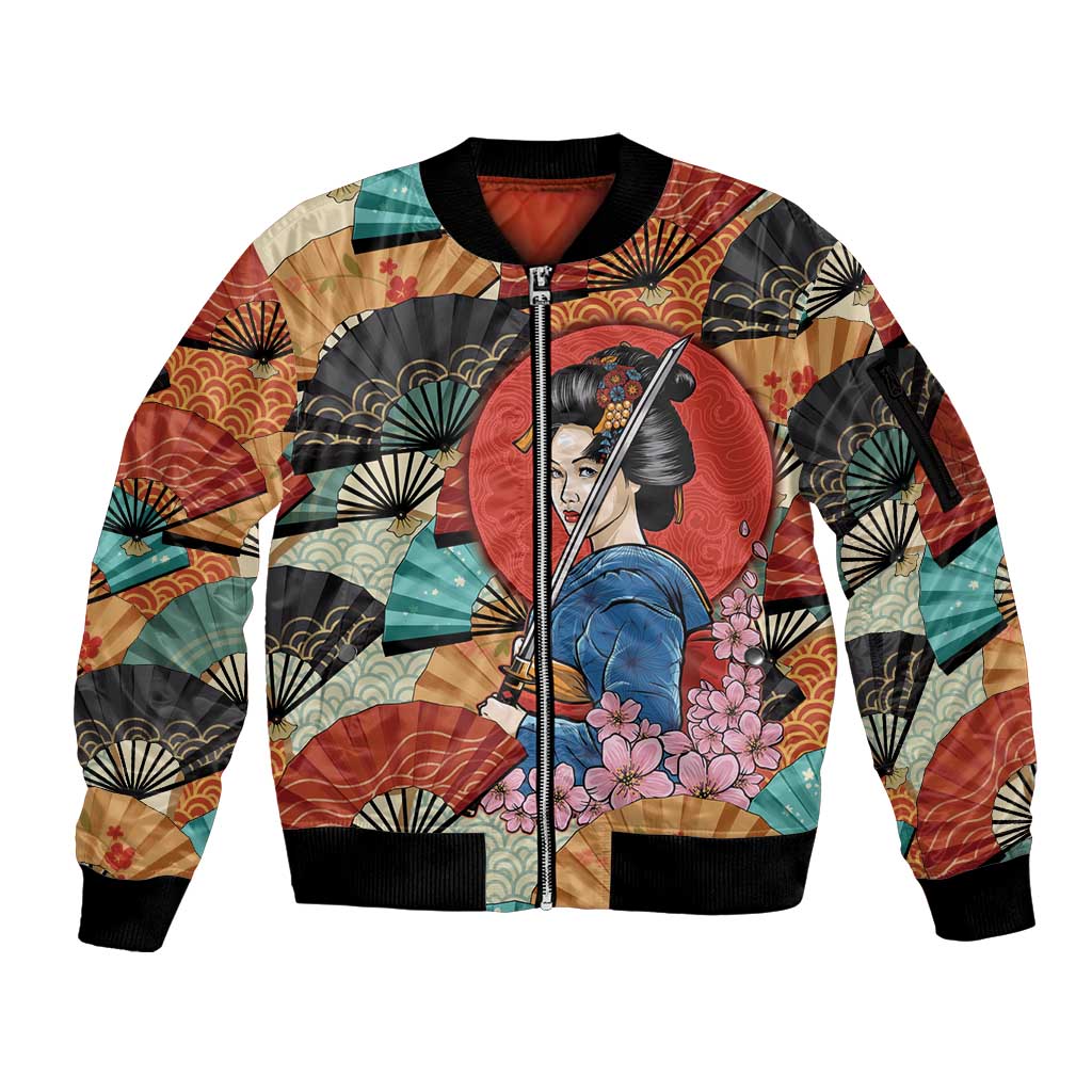 Japanese Geisha Katana Sleeve Zip Bomber Jacket Japan Sensu Seigaiha Pattern - Wonder Print Shop