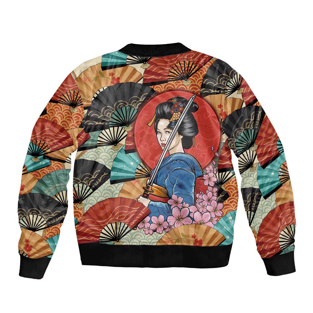Japanese Geisha Katana Sleeve Zip Bomber Jacket Japan Sensu Seigaiha Pattern - Wonder Print Shop