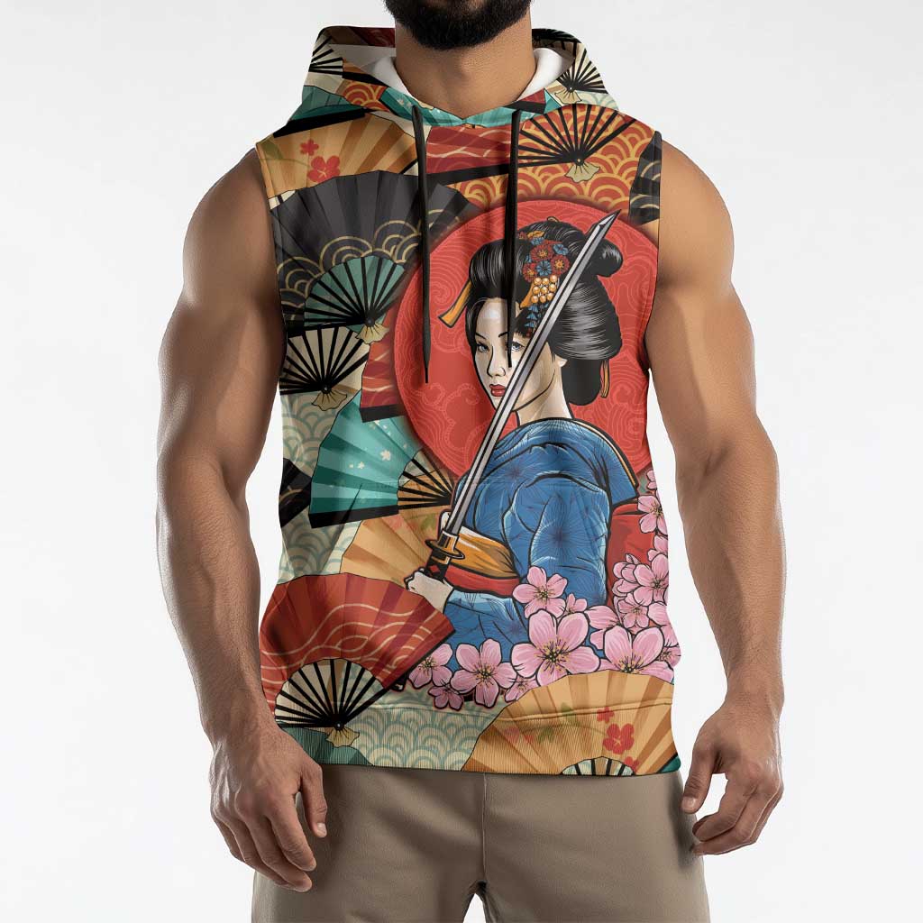 Japanese Geisha Katana Sleeveless Hoodie Japan Sensu Seigaiha Pattern - Wonder Print Shop