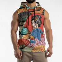 Japanese Geisha Katana Sleeveless Hoodie Japan Sensu Seigaiha Pattern - Wonder Print Shop