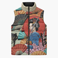 Japanese Geisha Katana Sleeveless Puffer Jacket Japan Sensu Seigaiha Pattern - Wonder Print Shop