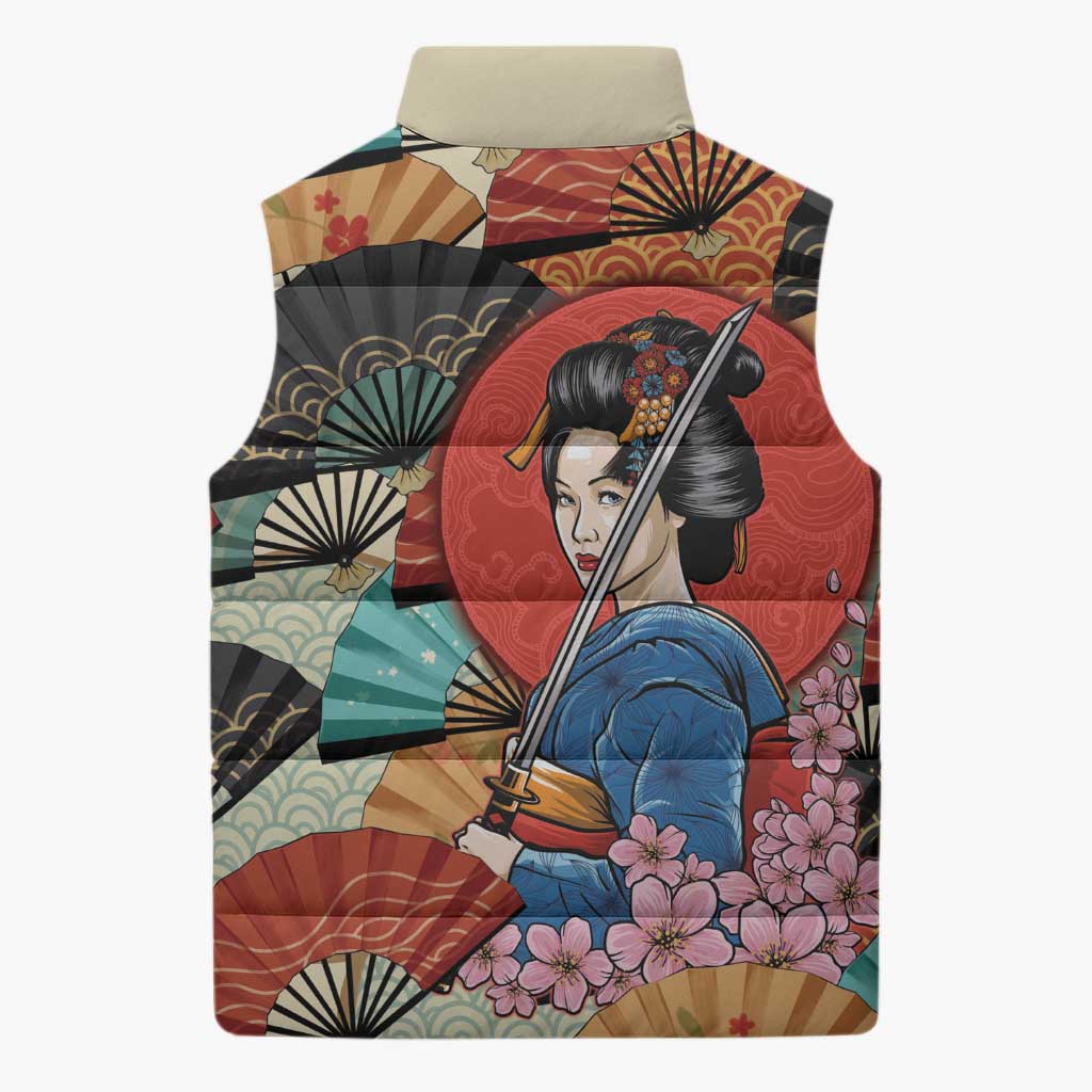 Japanese Geisha Katana Sleeveless Puffer Jacket Japan Sensu Seigaiha Pattern - Wonder Print Shop