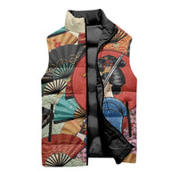 Japanese Geisha Katana Sleeveless Puffer Jacket Japan Sensu Seigaiha Pattern - Wonder Print Shop