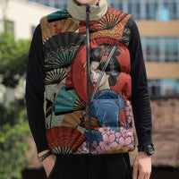 Japanese Geisha Katana Sleeveless Puffer Jacket Japan Sensu Seigaiha Pattern - Wonder Print Shop