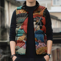 Japanese Geisha Katana Sleeveless Puffer Jacket Japan Sensu Seigaiha Pattern - Wonder Print Shop