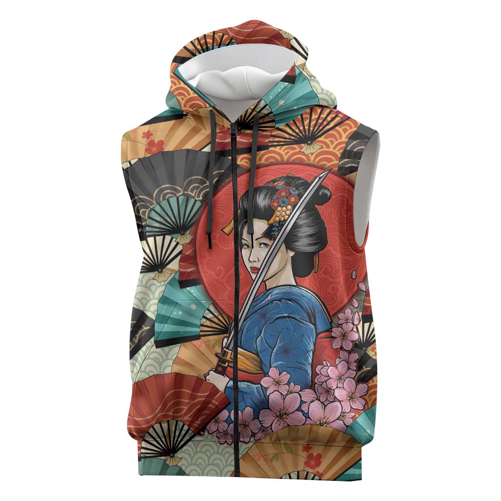 Japanese Geisha Katana Sleeveless Zip Hoodie Japan Sensu Seigaiha Pattern - Wonder Print Shop