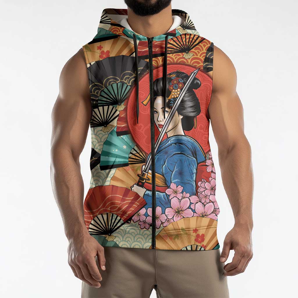 Japanese Geisha Katana Sleeveless Zip Hoodie Japan Sensu Seigaiha Pattern - Wonder Print Shop