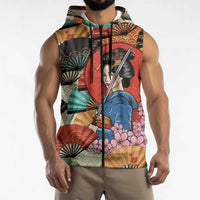 Japanese Geisha Katana Sleeveless Zip Hoodie Japan Sensu Seigaiha Pattern - Wonder Print Shop