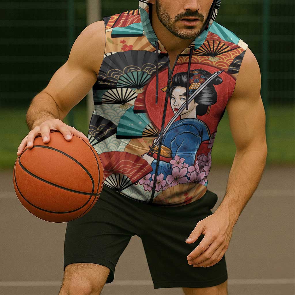 Japanese Geisha Katana Sleeveless Zip Hoodie Japan Sensu Seigaiha Pattern - Wonder Print Shop