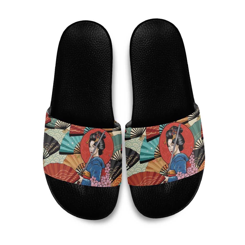Japanese Geisha Katana Slide Sandals Japan Sensu Seigaiha Pattern - Wonder Print Shop